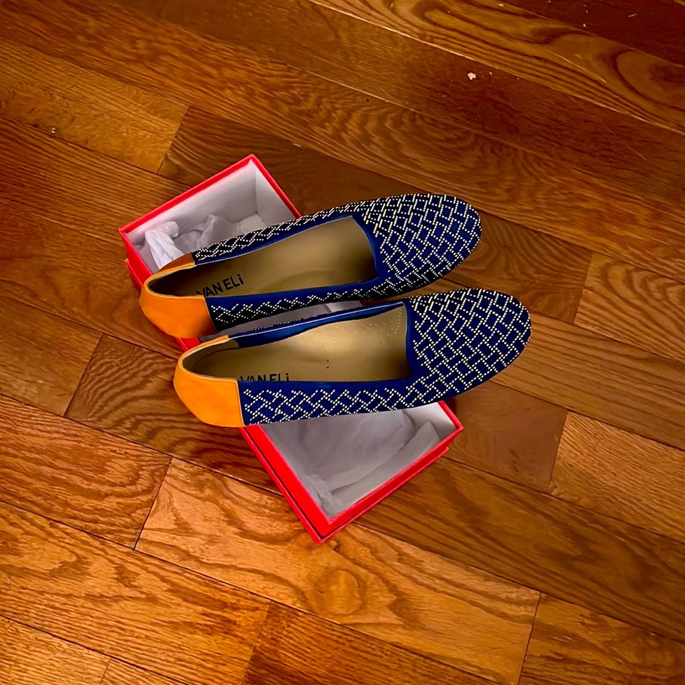 These are size 10 Vaneli flats, blue and light brown suede, with gold beads.